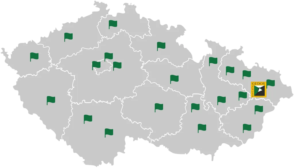 Mapa České republiky s vyznačenými místy realizovaných staveb a sídlem v Novém Jičíně